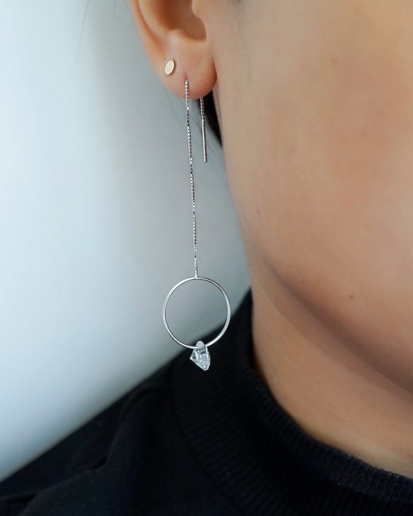 Circle Diamond Long Threader Earrings