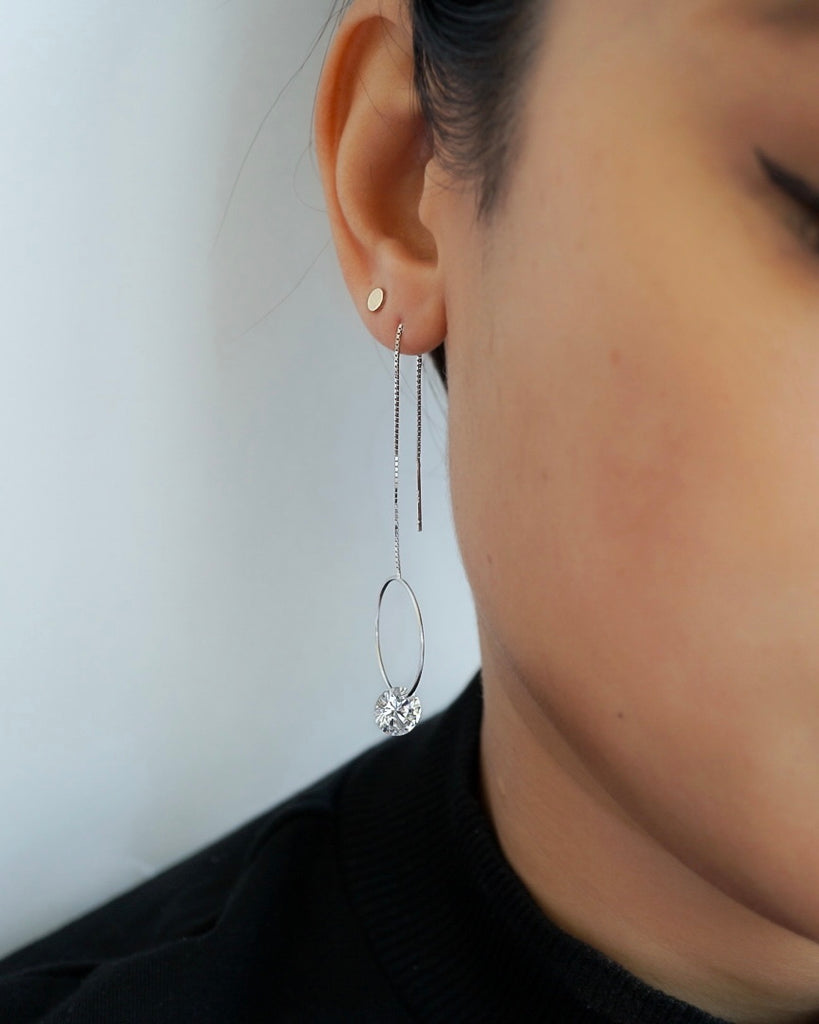 Circle Diamond Long Threader Earrings