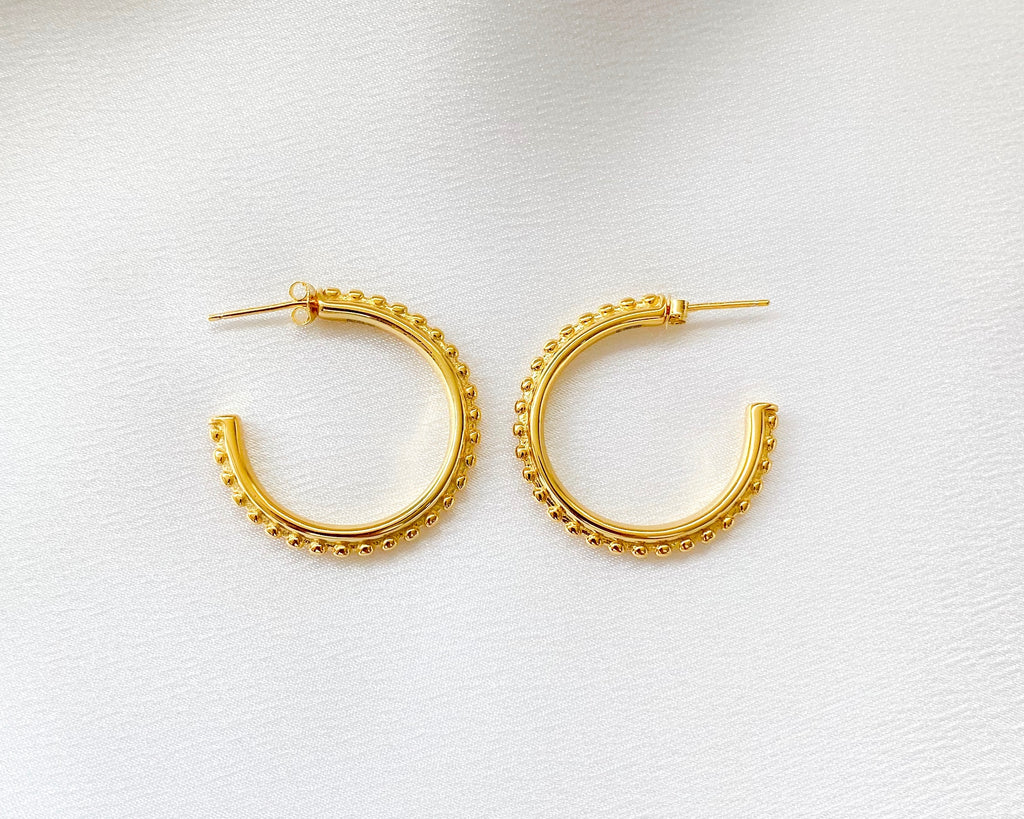 Thick Beaded Gold Hoops